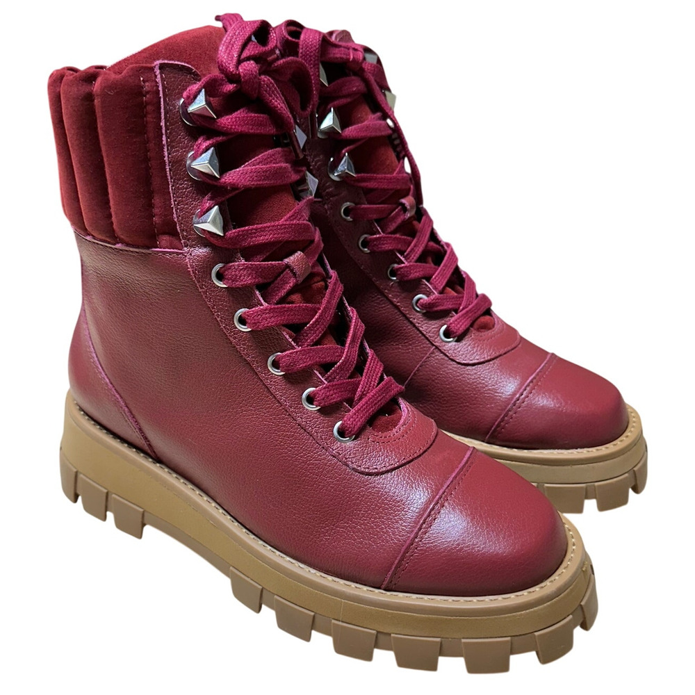 Schutz Leather Lace Up Hiker Boots Sutton Red Brown Women's Size 8B New in Box